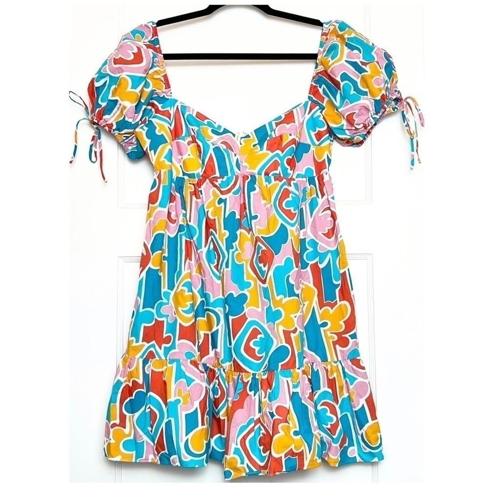 AMANDA UPRICHARD 90s Abstract Graphic Print Puff Short Sleeve Babydoll Dress L‎ - Picture 10 of 16